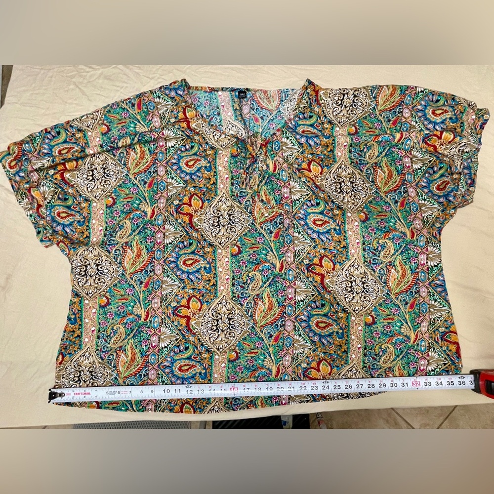 Shein Multicolor Paisley Print Tie V-Neck Short Sleeve Tunic Blouse, 7X